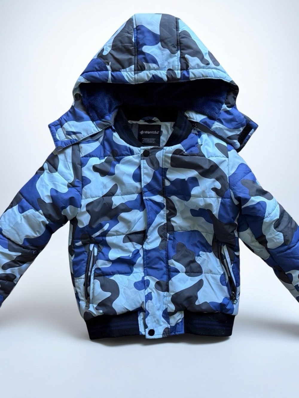 ❄️ Wantdo Boys Camo Puffer Jacket Size 6-7 Blue Gray Camouflage Hooded LIKE NEW